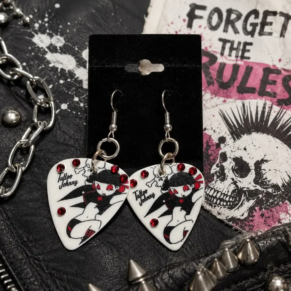 Johnny Tattoo Guitar Pick Pinup Dangle Earrings Rhinestones Rockabilly Punk 2”